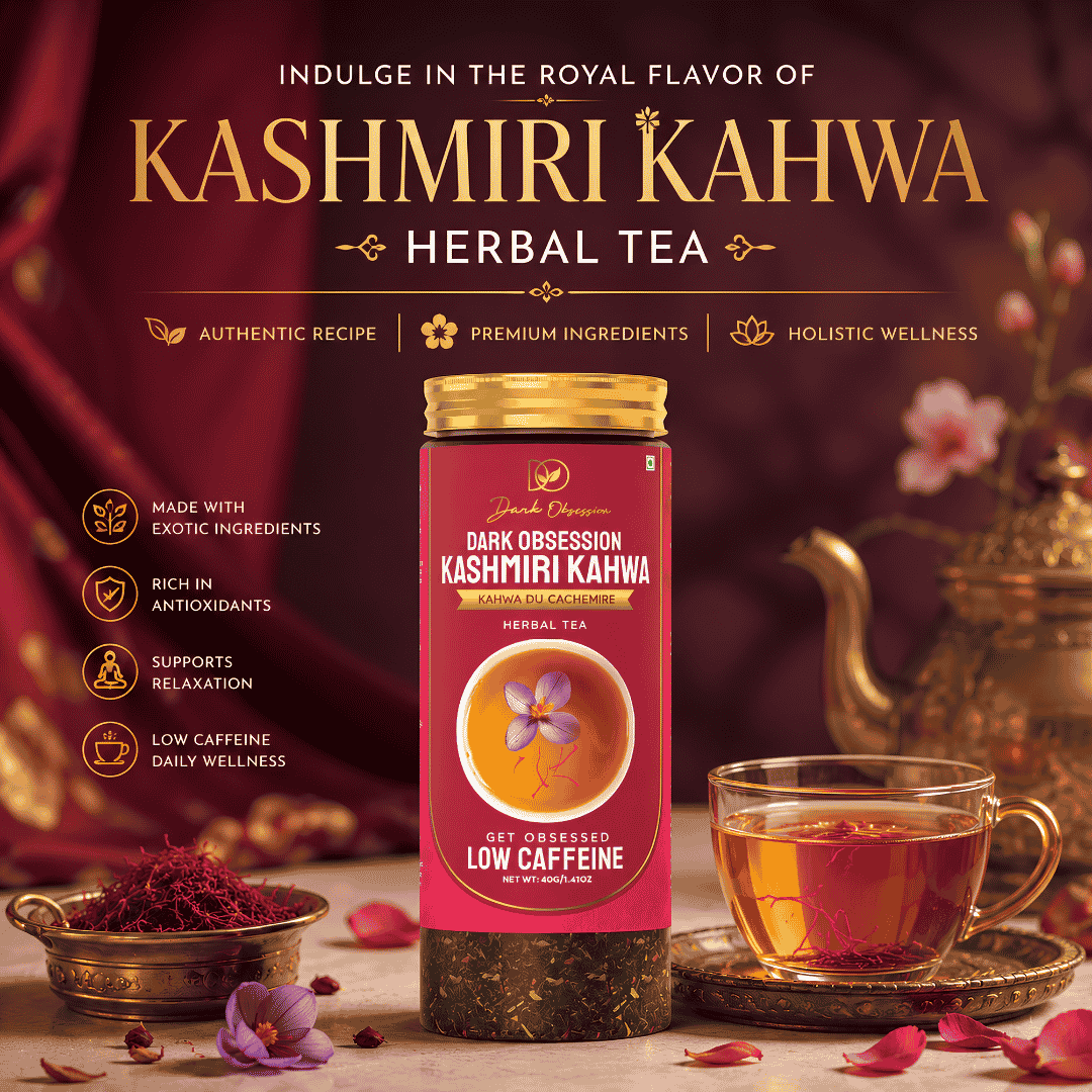 Dark Obsession Kashmiri Kahwa Herbal Tea with Green Tea, Almond, Cinnamon, Cloves, Cardamom, Rose Petals, and Saffron by premium tea suppliers in India